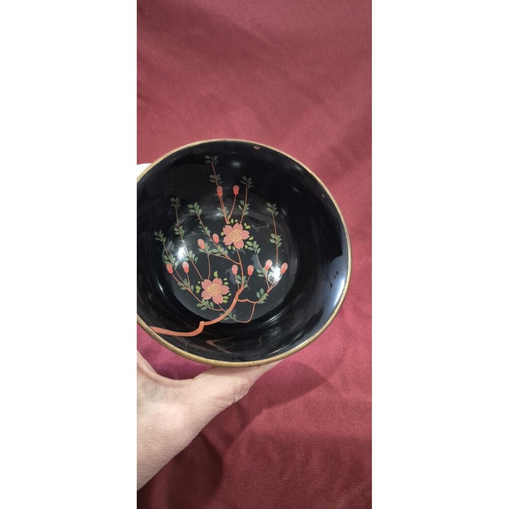 KARAVAN Occupied Japan Red Japanese  5" Lacquer Wave Bowl Plum Blossom 1945-1952